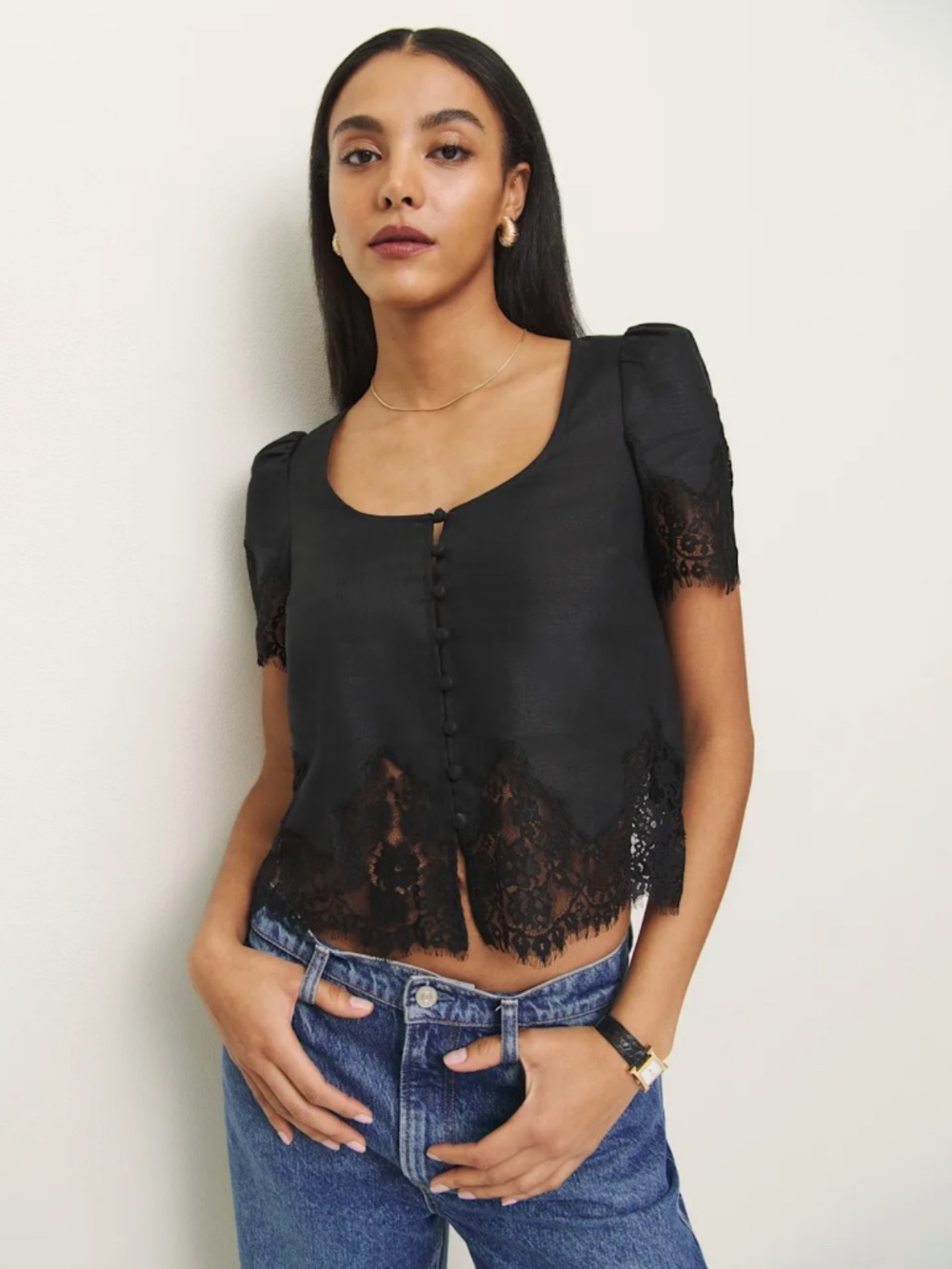 Reformation Josie Linen Top Black - Size L